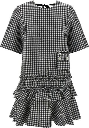 Ganni Black & White Crinkled Check Mini Dress