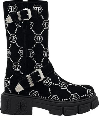 Philipp Plein Suede Strass Laarzen Platte Hoge Monogram - Dames - Enkellaarsjes - Zwart - 36 EU - Leer - Schoenen
