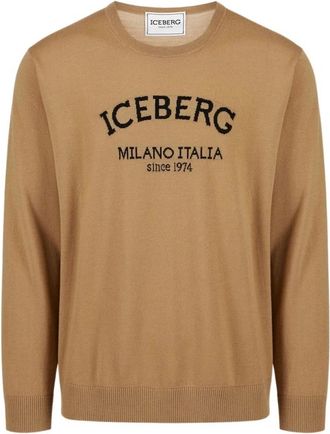 Iceberg Trui met ronde hals en logo - Heren - Ronde hals truien - Beige - L - Wol - Truien & Vesten