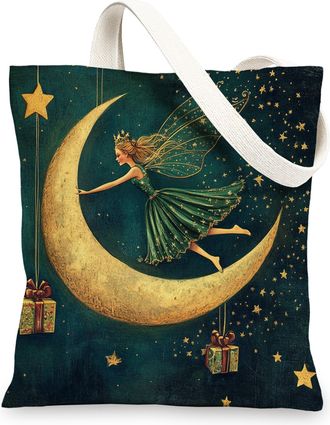 Generic Vintage Christmas Fairy Canvas Tote Bag for Shopping 13x15, Aesthetic Retro Xmas Moon Reusable Grocery Print Pattern Bag for Women, Holiday New Year B