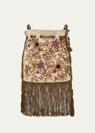 Valentino Garavani Fringed Floral-Embroidered Pouch Shoulder bag