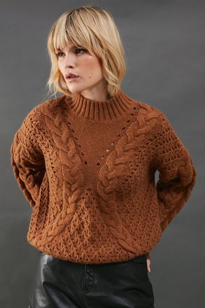 Warehouse Womens Chunky Cable Knit Roll Neck Jumper - Tan - Size Medium