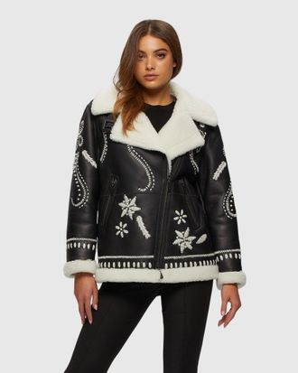 Gorski SHEARLING LAMB ZIP JACKET WITH WOOL EMBROIDERY