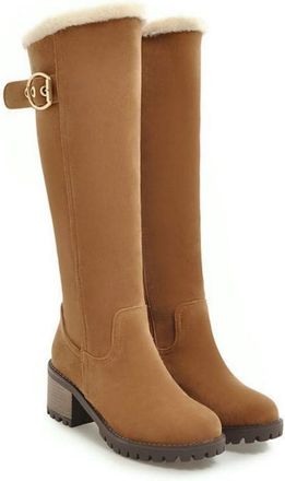 Generic Womens Knee-High Winter Boots, 6Cm Block Heel Long Shaft Boots Warm Lined High Boots with Buckle Straps And Side Zipper Knight Boots for Outdoor Parti