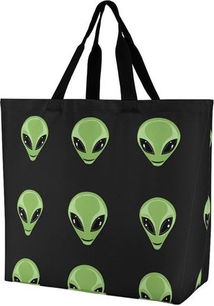 Generic Green Aliens Heads Reusable Shopping Bags One Shoulder Grocery Tote Bag Waterproof Big Purse for Work Travel