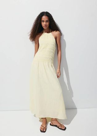 Mango Vestito bambula collo halter increspato giallo pastello - Donna - S - MANGO