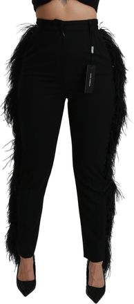 Dolce & Gabbana Black Feather Straight High Waist Wool Womens Pants