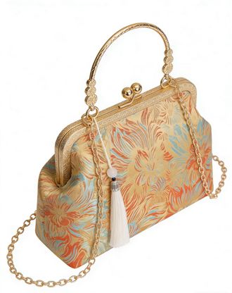 Generic Retro Chinese Style Brocade Evening Bag, Gold Floral Pattern Clutch with Kiss Lock Frame, Chain Shoulder Strap and Tassel Detail