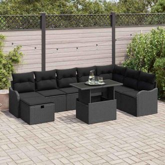 vidaXL Conjunto De Sof&aacute; De Jard&iacute;n Con Coj&iacute;n 9 Pcs Negro Polirat&aacute;n Vidaxl
