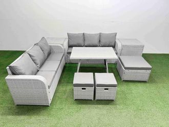 Fimous Rattan High Back Lounge Sofa Set with 3 Seater Sofa Side Table Stool in Light Grey