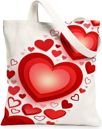 Generic Heart Pattern Canvas Tote Bags, Romantic Floral Design Reusable Grocery Bags, Lightweight Washable Shoulder Strap Canvas Fo, White, 13x15 Inch