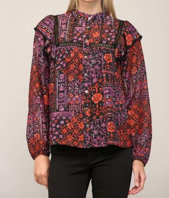 Fate Lace Trim Insert High Neck Blouse In Red, Black And Purple