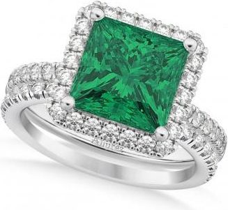 Allurez Emerald & Diamonds Princess-Cut Halo Bridal Set 14K White Gold (3.84ct)