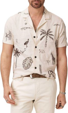 John Varvatos Beeston Embroidered Jungle Icons Knit Camp Shirt in Light Khaki at Nordstrom, Size Xx-Large