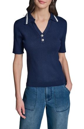 Karl Lagerfeld Crochet Collar Rib Polo Sweater in Naval Academy/Soft White at Nordstrom, Size X-Small