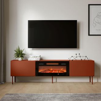 Dmora Mueble Tv Vermezzo, Un Estante, 2 Puertas, Chimenea Incluida, 200x42x57h Cm Marr&oacute;n Terracota