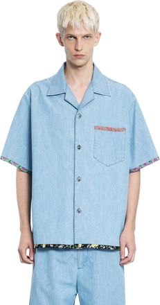 Valentino Denim Bowling Shirt with Floral Print Trim