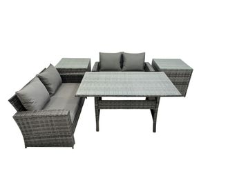 Fimous 4 Seater Outdoor Dining Table Double Seat Sofa 2 Side Table Set in Dark Grey
