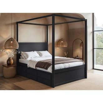 Flair Maddy 4 Poster Canopy Double Bed with Trundle & Storage Black