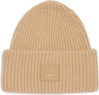 Acne Studios Pansy Face Patch Rib Wool Beanie in Biscuit Beige at Nordstrom