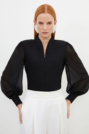 Karen Millen Womens Bandage Figure Form Zip Detail Chiffon Sleeve Knit Top - Black - Size 14 UK
