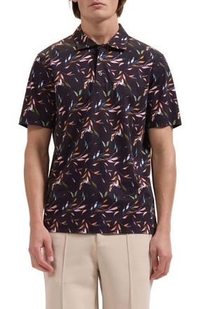 Bugatchi Hendrix Leaf Print Pima Cotton Polo in Black at Nordstrom, Size Xx-Large