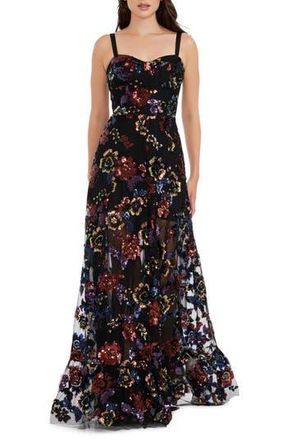Dress The Population Anabel Sequin Floral Gown in Black Multi at Nordstrom Rack, Size X-Small