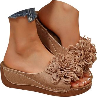 Generic Thick Soled Wedge Heeled Womens Slippers Fashionable Casual Flower Shaped Soft Cushion Sandals Platform Summer Sandals For Women 2026 Trendy (Khaki, 7