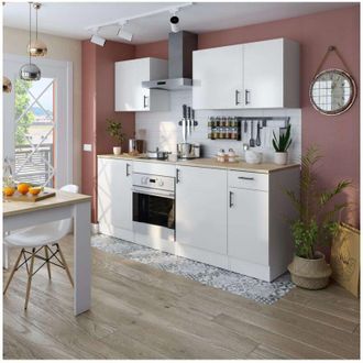 F.R.S. Cocina Completa Kira De 220 Cm(ancho) En Blanco Brillo Con Encimera Roble Canadian