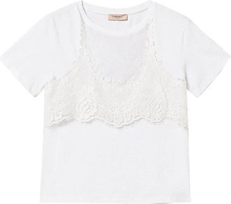 Twinset Trompe loeil T-shirt met kant - Dames - T-shirts - Wit - S - Katoen - Tops
