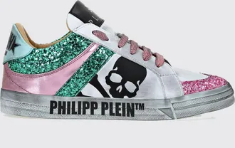 Philipp Plein Sneakers Skull in pelle e tessuto glitter con effetto usurato