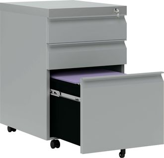 Vinsetto 3 Drawer File Cabinet - Lockable Metal Filling Cabinet - Yellow/Grey/Green - Grey | TJ Hughes