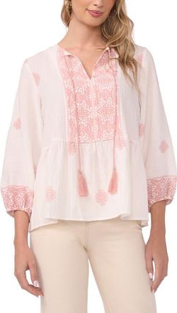 Vince Camuto Embroidered Tie Neck Peasant Top in Rose Hip at Nordstrom, Size X-Small P