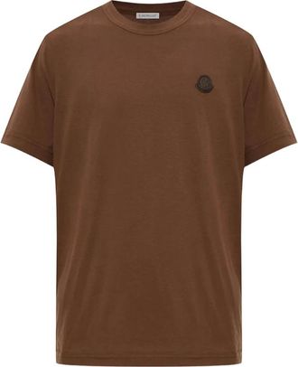 Moncler Tops, Heren, Bruin, M, Katoen, Leren Logo T-shirt