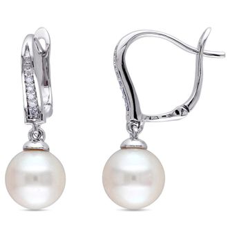 Amour 8 - 8.5 Mm White Cultured Freshwater Pearl and Diamond Drop Leverback Earrings In Sterling Silver