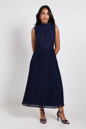 Wallis Womens PETITE LACE INSERT PLEATED MIDI DRESS - Navy polyamide - Size 16 UK