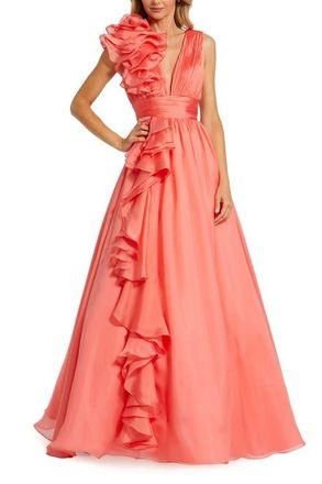 Mac Duggal Ruffle Shoulder V-Neck Chiffon Gown in Coral at Nordstrom, Size 12