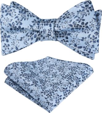 Alizeal Mens Floral Printed Self Tied Bow Tie and Hanky Wedding Prom Casual Formal Untied Bow Tie Set, Blue+Navy