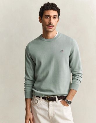 GANT Mens GANT Mens Classic Cotton Crew Neck Jumper - 10 Ceramic Grey - Tan - Size: 40