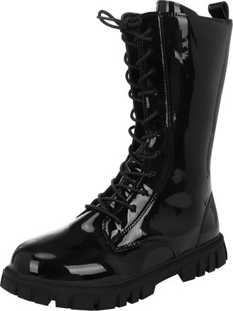 Generic Girls Knee-High Demon Boots Lace Up Warm Plush Lined Mid Calf Easy to Put On Long Boot School Shoes Walking Bootie Non Slip Waterproof Pu Leather Side