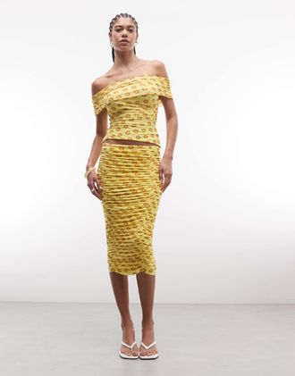 AFRM Noha - Gonna al ginocchio slim in rete arricciata gialla a pois in coordinato-Giallo