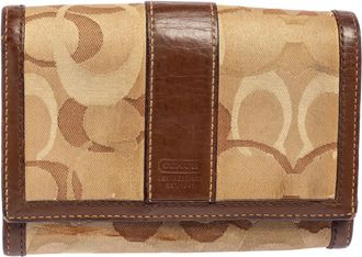 Coach Beige/brown Signature Canvas And Leather Compact Wallet