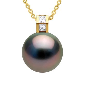 Ateliers Saint Germain Womens Pendant Jewelry Prestige Diamond 0.04 Cts - Size Princess - Real Cultured Tahiti Pearl Round 11-12 mm - Yellow Gold - One Size
