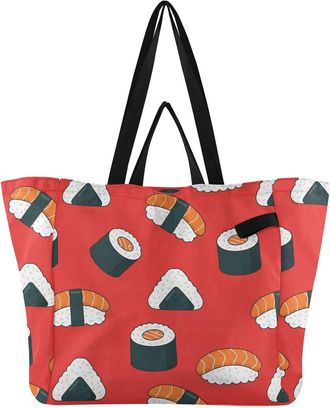 Generic Japanese Sushi Red print Reusable Canvas Tote Bag, Heavy Duty Grocery Shopping Bag with Double Handles Large Capacity Hard Bottom Work Groceries Trave