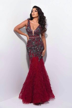 Jasz Couture Floral Embroidered Deep V-Neck Feathered Dress In Burgundy/Grey