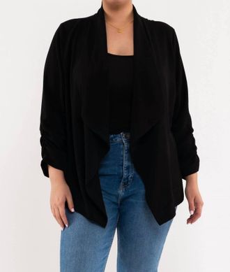 Blu Pepper Breeze Rouched Sleeve Blazer - Plus In Black