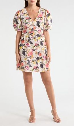 Melrose and Market Puff Sleeve Fit & Flare Minidress in Ivory- Pink Jacobean Bloom at Nordstrom Rack, Size X-Large