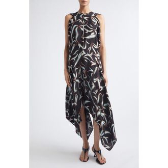 Proenza Schouler Sybella Handkerchief Hem Linen & Silk Metalass&eacute; Midi Dress in Black at Nordstrom, Size 10