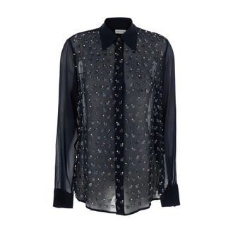 Dries Van Noten Shirts, female, Blue, Size: L Shirt With Pointed Collar And All-Over Crystal Application
