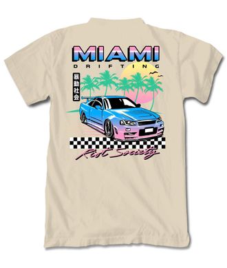 Riot Society Mens Short Sleeve Graphic and Embroidered Fashion T-Shirt, Miami Race (Sand), Large